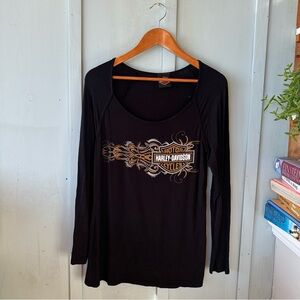 Harley-Davidson Women's Black and Gold Bedazzled Long Sleeve Tee